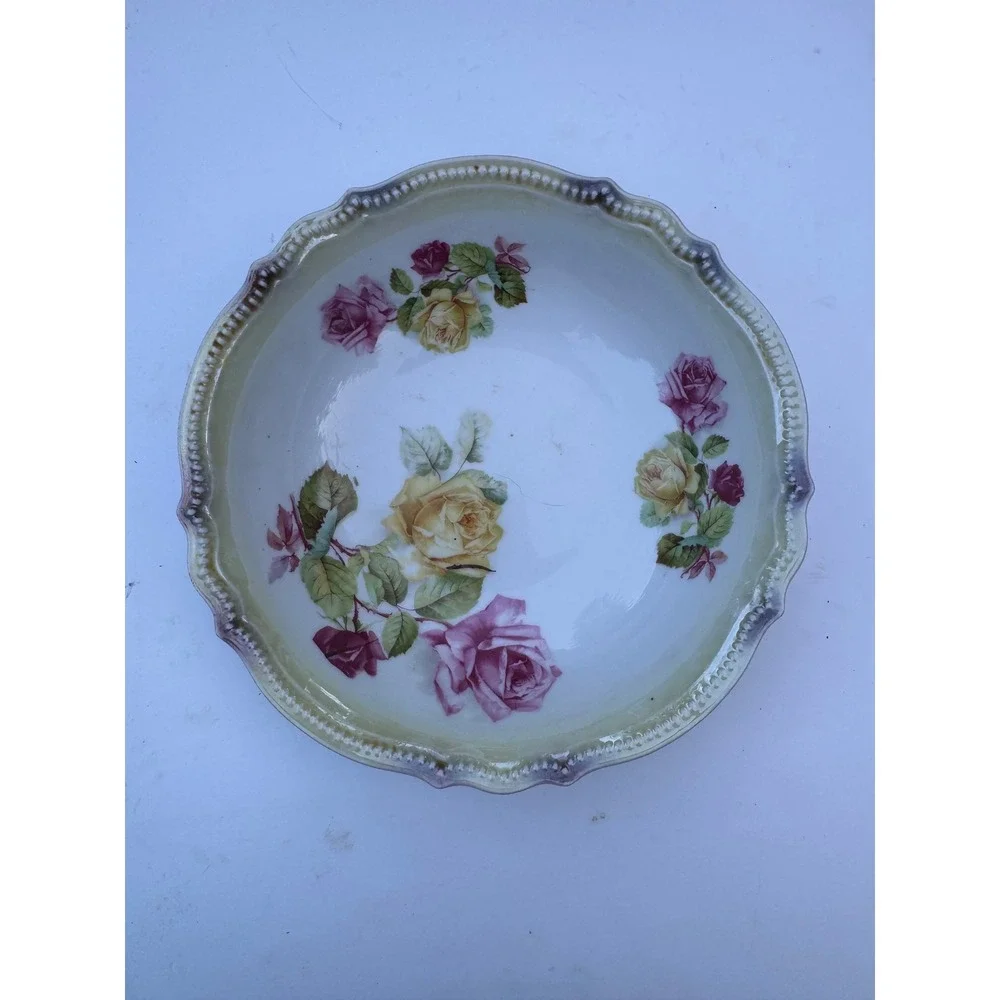 Antique PT Bavaria Tirschenreuth Porcelain Rose Bowl Scalloped Beaded 9.75in